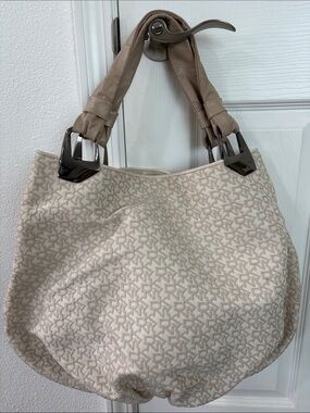 DKNY Beige Monogram Hobo Shoulder Bag with Taupe Handles